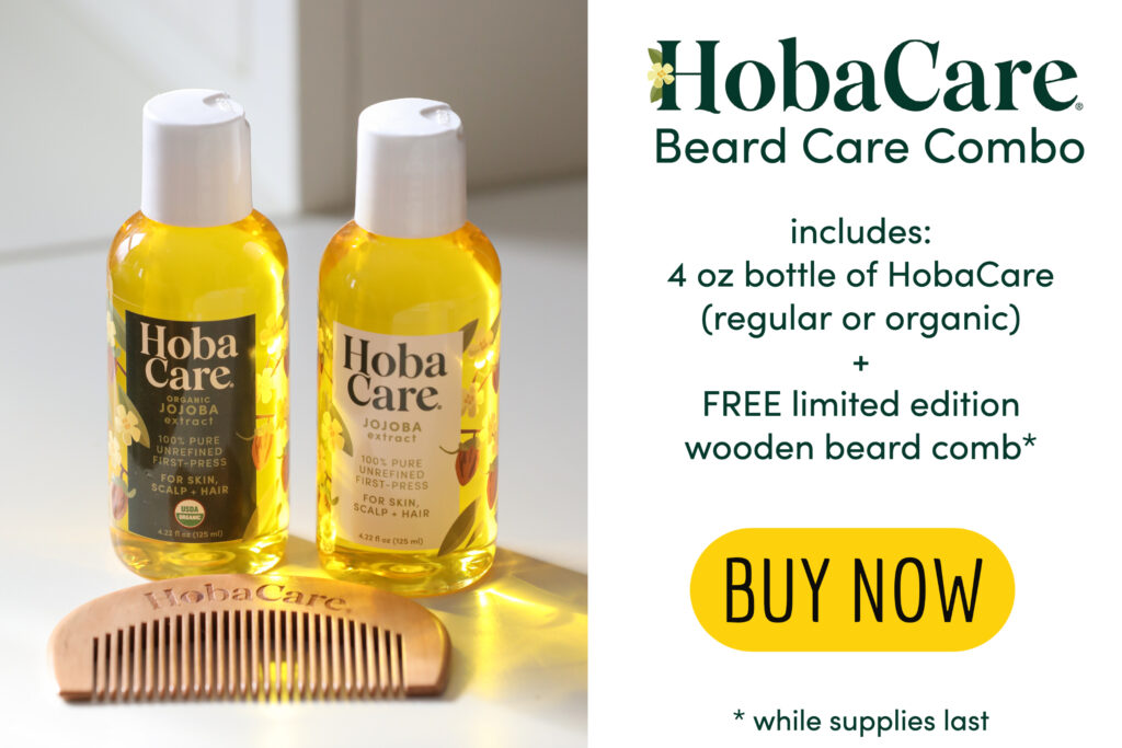 HobaCare beard care combo showcasing two bottles of golden hobacare jojoba and a limited edition wooden beard comb
