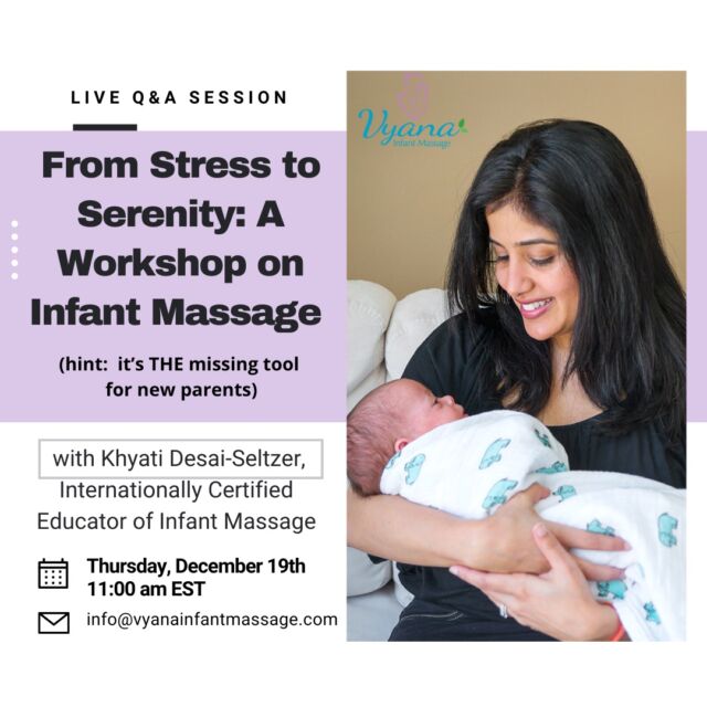 We all know how great massage is for EVERYONE, including babies. @vyana.infantmassage is having a free baby massage workshop. Grab that bottle of HobaCare Baby and sign up to learn these valuable methods. 

HERE ARE THE DETAILS: 

From Stress to Serenity: FREE Baby Massage Workshop

Discover the #1 secret most families in America don't know about having a healthy, happy baby. 

Join Khyati Desai-Seltzer of Vyana Infant Massage LLC to learn about the transformative power of touch and nurture the bond with your baby through our FREE workshop on baby massage. This interactive session is designed to teach you simple, effective techniques that benefit both you and your little one, fostering physical and emotional well-being.

What You’ll Learn:

Gentle massage techniques for babies from birth and beyond.
How to soothe common infant issues like gas, colic, and reflux.
Strategies to promote better sleep for your baby—and you!
The emotional benefits of massage for relieving postpartum depression and anxiety.
You'll walk away feeling empowered and confident to address your baby's health concerns
Benefits of Infant Massage:

Better Sleep: Help your baby relax and develop healthy sleep patterns.
Improved Digestion: Alleviate discomfort from gas, colic, and reflux.
Emotional Wellness: Foster a deeper connection with your baby while easing postpartum stress and anxiety.
Bonding Time: Create a soothing and intimate experience that builds trust and love.
Workshop Details:

Date: December 19, 2024
Time: 11:00 am EST
Location: Online
Cost: FREE!
Who Should Attend: This workshop is perfect for parents, grandparents, and caregivers of infants. No prior experience is required.Spaces are limited, so don’t miss this opportunity to connect, relax, and learn alongside other caregivers.

Register here: https://events.vyanainfantmassage.com/webinarregistration